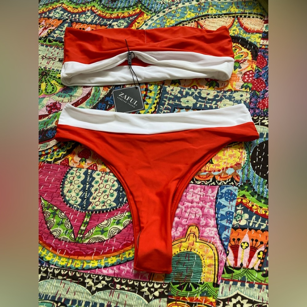 ZAFUL High Cut Orange-Red/White Bikini - Brand New/Never Worn- L